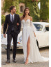 Beaded Strapless Ivory Lace Chiffon Slit Boho Wedding Dress